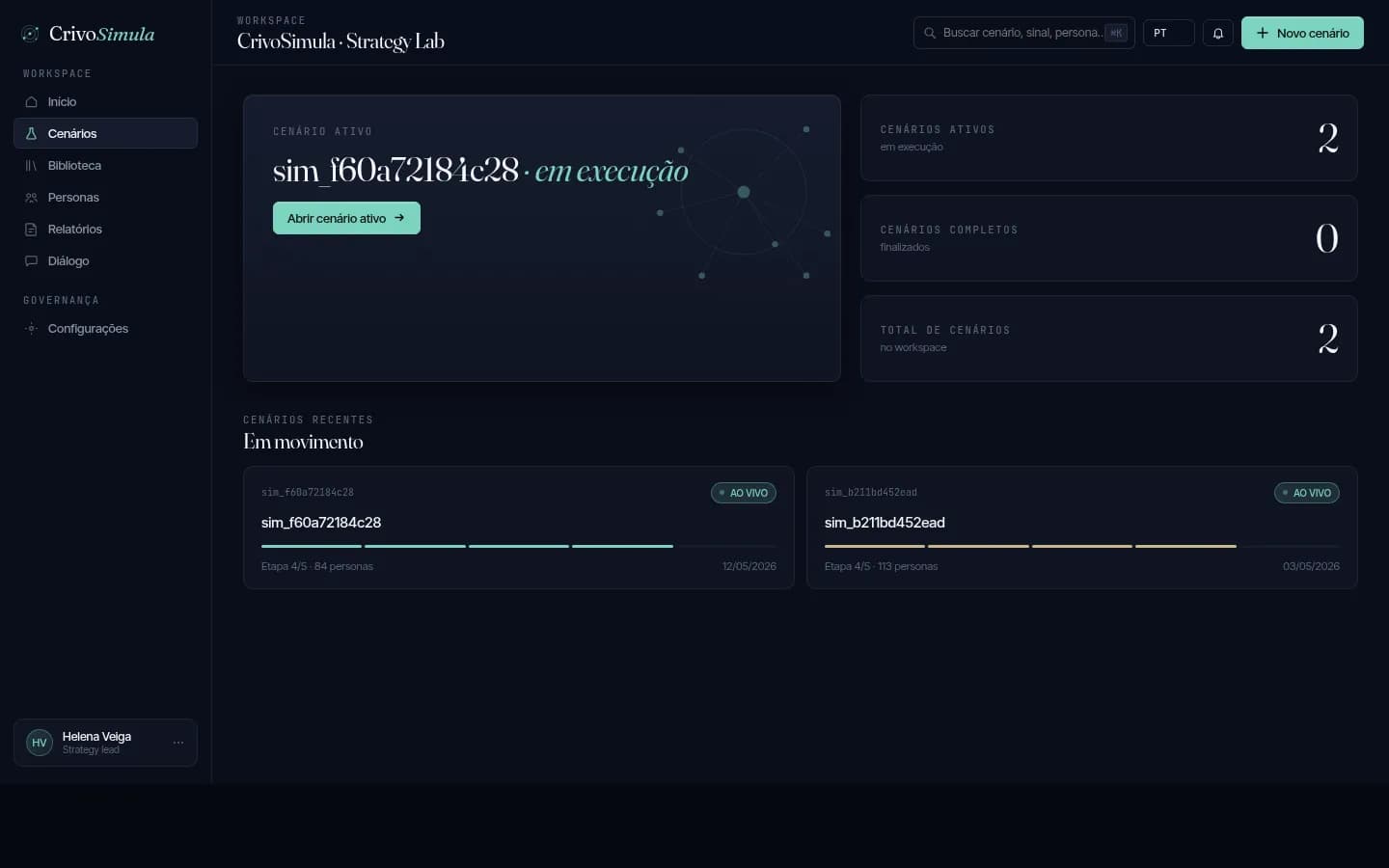 Interface real do CRIVO Simula com cenários e indicadores