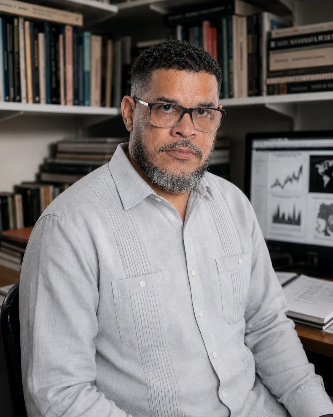 Saulo Lino, fundador da Crivo, em seu escritório — estante de livros e monitor com gráficos ao fundo
